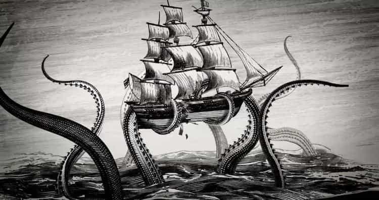 Kraken holding ship above water.