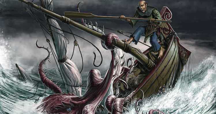 Kraken fighting man on sinking ship.